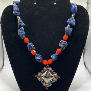 Blue Sodalite Orange Glass Beaded Necklace Silvertone Metal Rhinestone Medalion